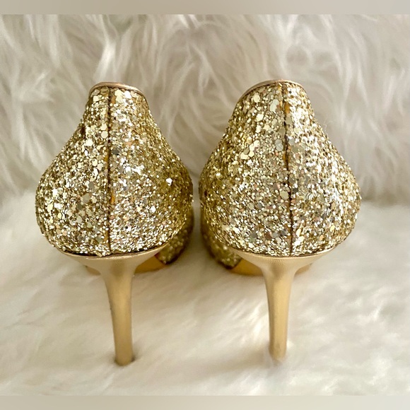 ✨MIU MIU✨ GOLD Glitter Stiletto Pumps Peep Toe Platform Heels Size 41 (10-10.5) - Picture 5 of 8